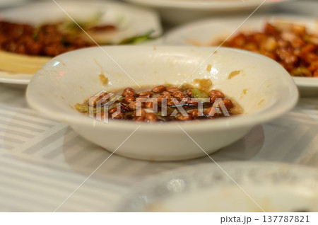 Spicy peanuts in chili oil in white bowl on restaurant table Spicy peanuts in chili oil in white bowl on restaurant table 137787821