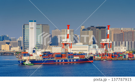 Tokyo, Japan - Oct 13 2024, panoramic sea view of Tokyo cargo port, docks with cranes and containers and a dry cargo ship loading, at daytime, Tokyo, Japan 137787915