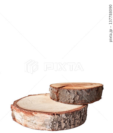 Birch wood slices podium pedestal for product display mockup background template isolated on white Birch wood slices podium pedestal for product display mockup background template isolated on white 137788090