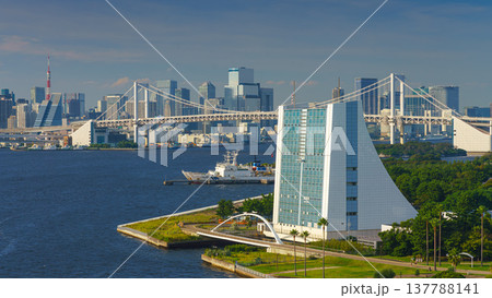 Tokyo, Japan - Oct 2 2024, panoramic aerial view of Tokyo Bay cityscape in background and the Rainbow Bridge, in the foreground is a part of Odaiba Island with a triangular building, Tokyo, Japan 137788141