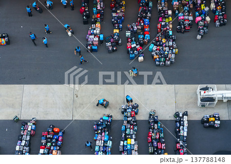 Tokyo, Japan - Oct 2 2024, panoramic aerial view of the pier with lots of luggage and port workers sorting suitcases, at daytime, Tokyo, Japan 137788148
