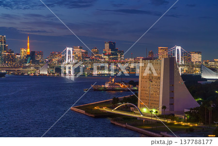 Tokyo, Japan - Oct 2 2024, panoramic aerial view of Tokyo Bay cityscape in background and the Rainbow Bridge, in the foreground is a part of Odaiba Island with a triangular building, Tokyo, Japan 137788177