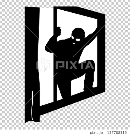 Silhouette illustration of a burglar entering through a window Silhouette illustration of a burglar entering through a window 137788516