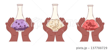 Natural Laboratory Research Set with Currant Berries Extracts. Ethnic Human Hands with Red, White and Black in Glass Flasks. Organic Medicine and Pharmacy, Eco cosmetics. Isolated Vector Illustration Natural Laboratory Research Set with Currant Berries Extracts. Ethnic Human Hands with Red, White and Black in Glass Flasks. Organic Medicine and Pharmacy, Eco cosmetics. Isolated Vector Illustration 137788729