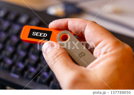 hardware Bitcoin wallet in a hand with message Seed on screen hardware Bitcoin wallet in a hand with message Seed on screen 137789050