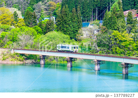 北上線　新緑の第一和賀川橋梁を渡るキハ100 137789227