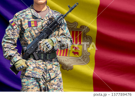 Andorra flag with soldier holding assault rifle 137789476