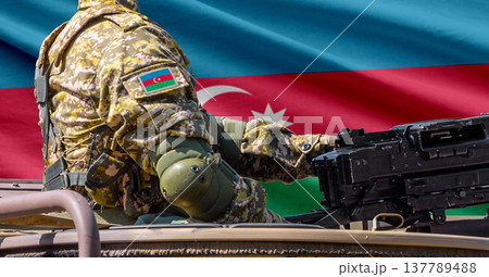 Azerbaijan national flag with soldier at machinegun turret 137789488