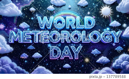 World Meteorology Day celebration with clouds, rainbow, and weather elements. 137789588