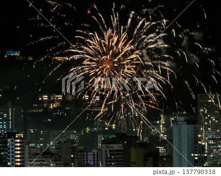 Fireworks Light Sky, Sky Blooms With Bright Explosions, Bright Fireworks Illuminate City Skyline At Night Fireworks Light Sky, Sky Blooms With Bright Explosions, Bright Fireworks Illuminate City Skyline At Night 137790338