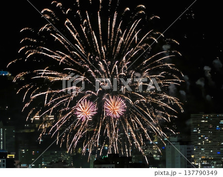 Dual Fireworks Burst Across Vibrant Urban Sky, Bright Twin Explosions Illuminate City During Night Dual Fireworks Burst Across Vibrant Urban Sky, Bright Twin Explosions Illuminate City During Night 137790349