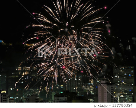 Evening Sky Dazzles With Energetic Fireworks Displaying Brilliant Hues And Festive Excitement 137790354