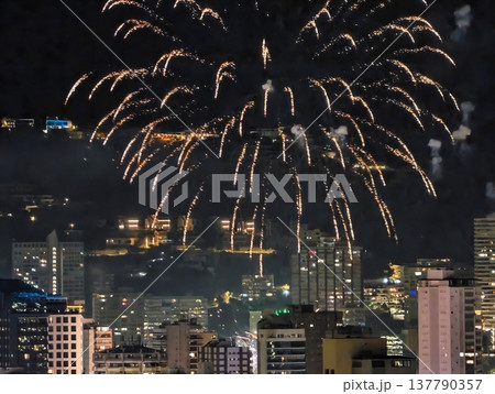 Spectacular Fireworks Brighten Night Sky Over Bustling Waterfront During Festive Celebrations Spectacular Fireworks Brighten Night Sky Over Bustling Waterfront During Festive Celebrations 137790357