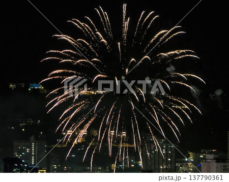 Cascading Fireworks Glow Over City Rooftops Creating Luminous Reflections And Vibrant Silhouettes 137790361