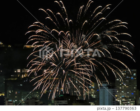Spectacular Fireworks Illuminate Cityscape Reflected In Serene Water With Boats And Highrise Buildings 137790363