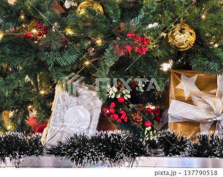 Decorative Seasonal Christmas Arrangement, Cozy Living Room With Festive Decorations Displayed 137790518