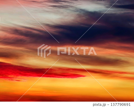 Bright Crimson Clouds Over Radiant Horizon Scenes, Dramatic Sky Painted With Orange And Purple Streaks 137790691