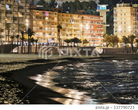 Easy Access Lit Beach Walk, Peaceful Seaside Stroll Under City Lights During Evening Hours Easy Access Lit Beach Walk, Peaceful Seaside Stroll Under City Lights During Evening Hours 137790723