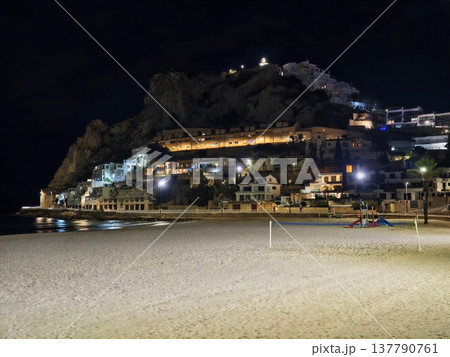 Serene Coastal Scene, Peaceful Evening At Coast Featuring Silent Beaches And Illuminated Cliff Houses Serene Coastal Scene, Peaceful Evening At Coast Featuring Silent Beaches And Illuminated Cliff Houses 137790761