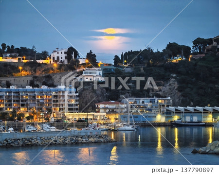 Beach Sunset Serenity, Tranquil Shoreline Settlement Bathed In Warm Twilight Lights And Reflections Beach Sunset Serenity, Tranquil Shoreline Settlement Bathed In Warm Twilight Lights And Reflections 137790897