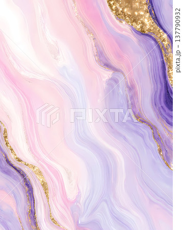 Mesmerizing flow of pink, lilac, and purple hues blend together gracefully, enhanced by shimmering golden highlights that evoke a sense of calm and creativity Generative AI 137790932