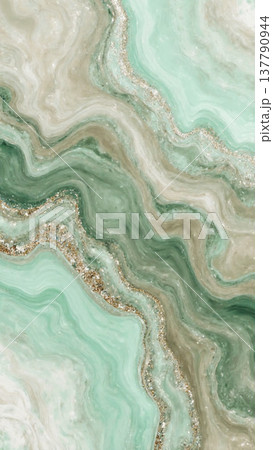 Flowing waves of green and beige intertwine with golden accents, showcasing a mesmerizing alcohol ink technique that captivates the senses and enhances any space Generative AI 137790944
