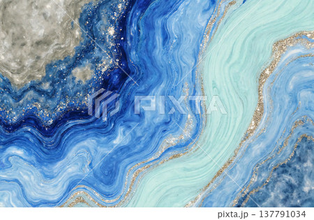 Vivid swirls of blue and beige blend together, enhanced by shimmering golden accents. The artwork captures the beauty of alcohol ink techniques in a tranquil scene Generative AI 137791034