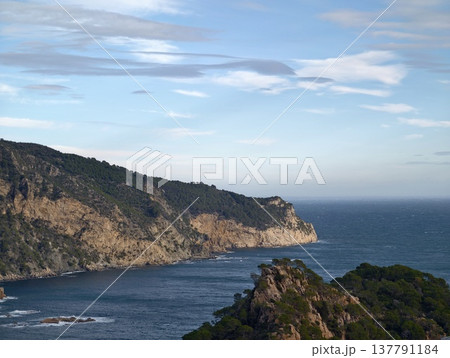 Secluded Coast Meets Vast Sea, Remote Headland Overlooking Endless Ocean Under Muted Sky Atmosphere 137791184