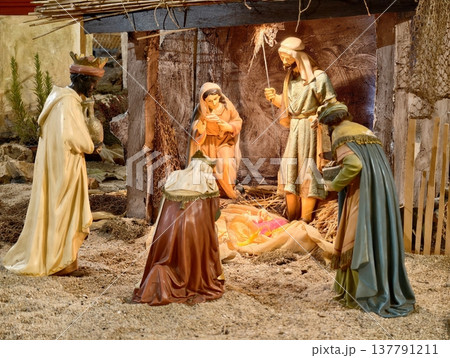 Christmas Scene Depiction, Traditional Nativity Scene Illustrating Peaceful Christmas Celebration 137791211