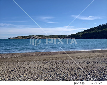 Quiet Shoreline With Distant Cliffs, Tranquil Coastal Landscape Featuring Broad Sands And Distant Headlands Quiet Shoreline With Distant Cliffs, Tranquil Coastal Landscape Featuring Broad Sands And Distant Headlands 137791240