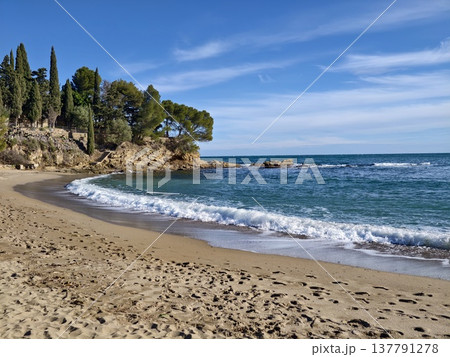 Beachside Family Retreat, Picturesque Curved Beach With Greenery And Peaceful Seaside Relaxation Beachside Family Retreat, Picturesque Curved Beach With Greenery And Peaceful Seaside Relaxation 137791278