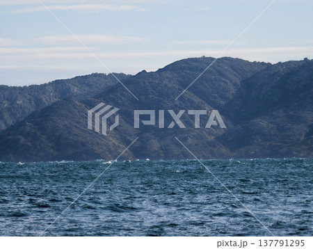 Rough Peaks Confront Turbulent Ocean Waves, Jagged Mountains Overlook Chaotic Waters Beneath Muted Sky 137791295