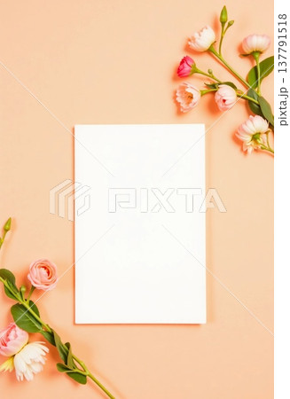 A pristine notepad rests at the center, bordered by delicate pink and white flowers. This tranquil arrangement evokes a sense of calm, perfect for jotting down thoughts or ideas Generative AI 137791518
