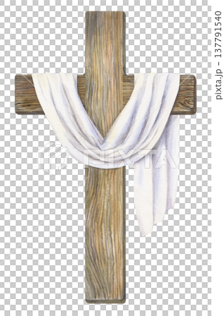 Christian wooden cross with white draped cloth. Watercolor symbol of faith and resurrection isolated on white background for Easter cards, church materials, religious prints, invitations, posters 137791540