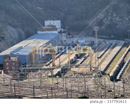 Railway Cargo Area, An Active Industrial Railway Scene Showcasing Cargo Trains And Complex Wiring Network Railway Cargo Area, An Active Industrial Railway Scene Showcasing Cargo Trains And Complex Wiring Network 137791611