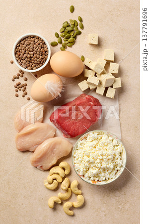 High protein foods assortment with chicken, beef, eggs, cottage cheese and nuts, top view 137791696