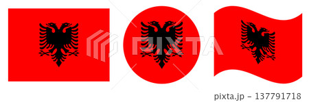 Albania flags set. Round flag of Albania isolated in circle shape, waving flag isolated, rectangular flag of Albania isolated. Albania flags set. Round flag of Albania isolated in circle shape, waving flag isolated, rectangular flag of Albania isolated. 137791718