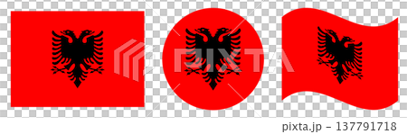 Albania flags set. Round flag of Albania isolated in circle shape, waving flag isolated, rectangular flag of Albania isolated. Albania flags set. Round flag of Albania isolated in circle shape, waving flag isolated, rectangular flag of Albania isolated. 137791718