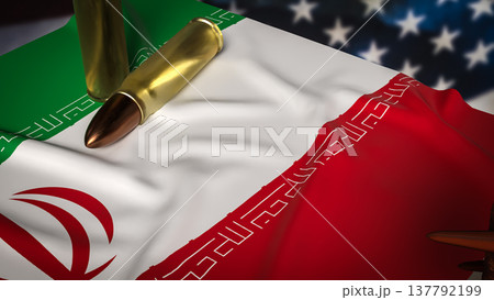 Iran Flag With Bullets and Barbed Wire Against Blurred United States Flag Political Conflict Concept 3d render. 137792199