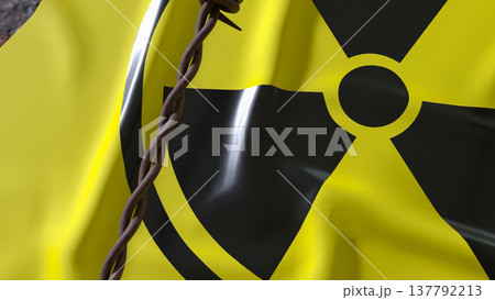 Radioactive Hazard Sign Behind Rusty Barbed Wire Fence 3d render. Radioactive Hazard Sign Behind Rusty Barbed Wire Fence 3d render. 137792213