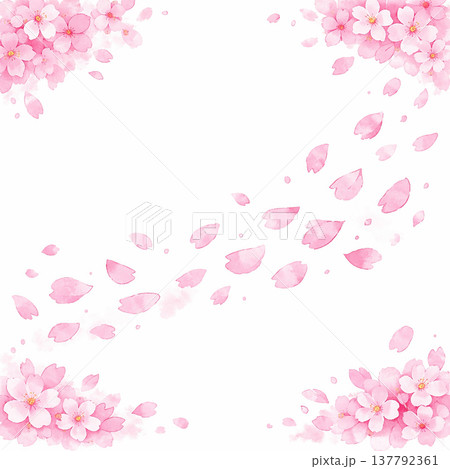 桜吹雪のフレーム 春の背景 水彩イラスト 137792361