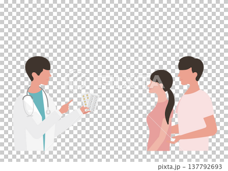 向量圖,描繪了一位醫生在體檢期間向一對年輕夫婦講解藥物的情景。 向量圖,描繪了一位醫生在體檢期間向一對年輕夫婦講解藥物的情景。 137792693