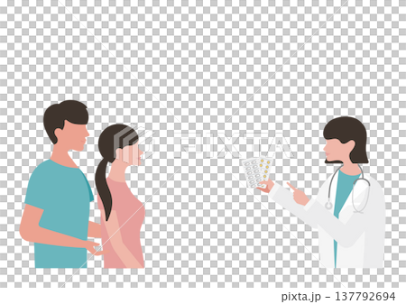 Vector illustration of a female doctor explaining medication to a young couple during a medical examination. 137792694