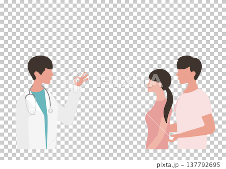 Vector illustration of a doctor making an OK sign and a young couple during a medical examination. Vector illustration of a doctor making an OK sign and a young couple during a medical examination. 137792695