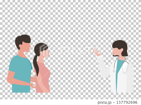 向量圖描繪了一位女醫生做出「OK」手勢，以及一對年輕夫婦在接受體檢的情景。 137792696