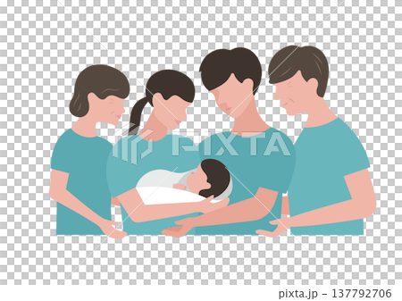 赤ちゃんを囲む家族のベクターイラスト素材（グリーン） 137792706