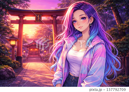 夕暮れの鳥居に立つハーフの女性 137792709