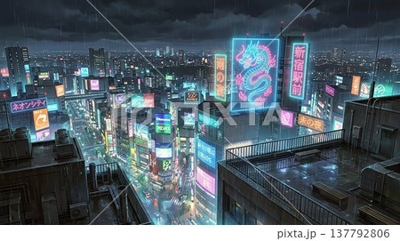 ゲーム背景　高層ビルから見る夜景 137792806