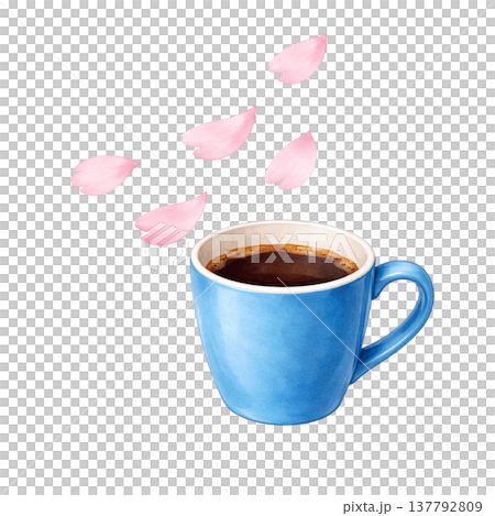 咖啡杯與櫻花花瓣：一幅描繪春日咖啡館的水彩插畫。 137792809