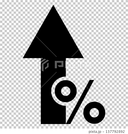 一組帶有向上箭頭和百分比的商業圖示（成長率、完成率、單色、帶有輪廓）。 137792892